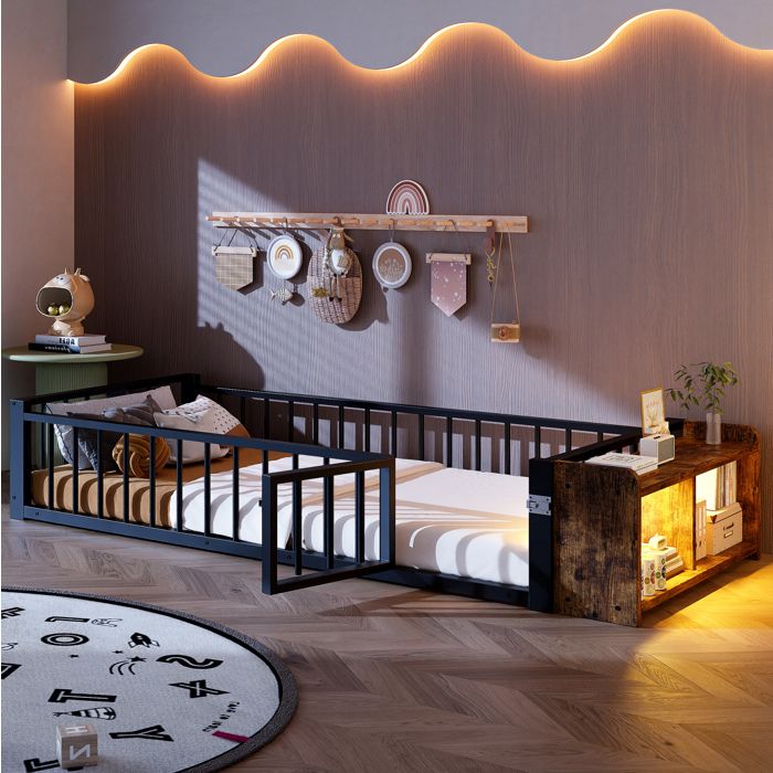 Lit enfant 90 x 200 cm en métal et MDF avec garde-corps rangement ouvert et LED noir sans matelas