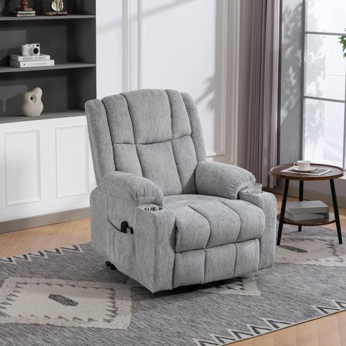 JOINERY fauteuil releveur électrique massant chauffant relaxation velours gris clair inclinable avec repose pieds senior