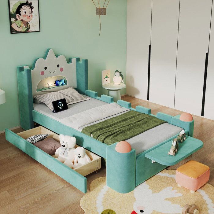 Bladez - Lit enfant capitonné 90x200 cm Lit simple avec rangement lampe de lecture LED barrière de sécurité Lit nuage Bleu-vert