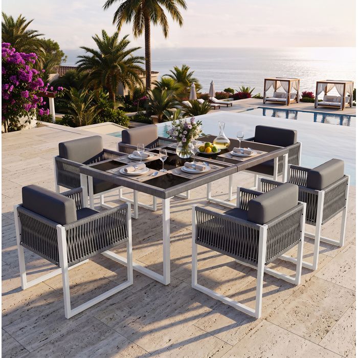 Ensemble Table et Chaises de Jardin 6 Personnes avec Verre Trempe et Housses Lavables - MODENVIE - Fer Polyester Gris et Blanc