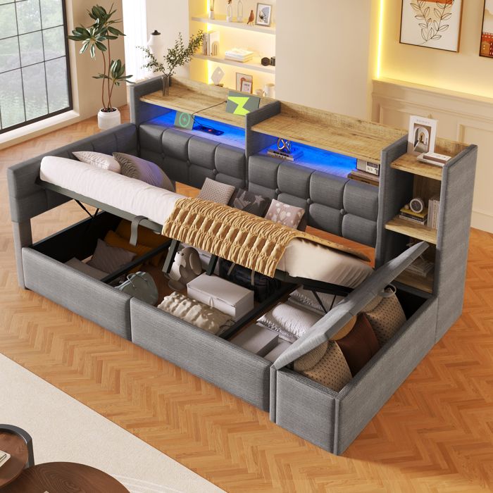 Canapé lit 90x200 velours gris avec LED hydraulique USB-C banquette rangement et sommier