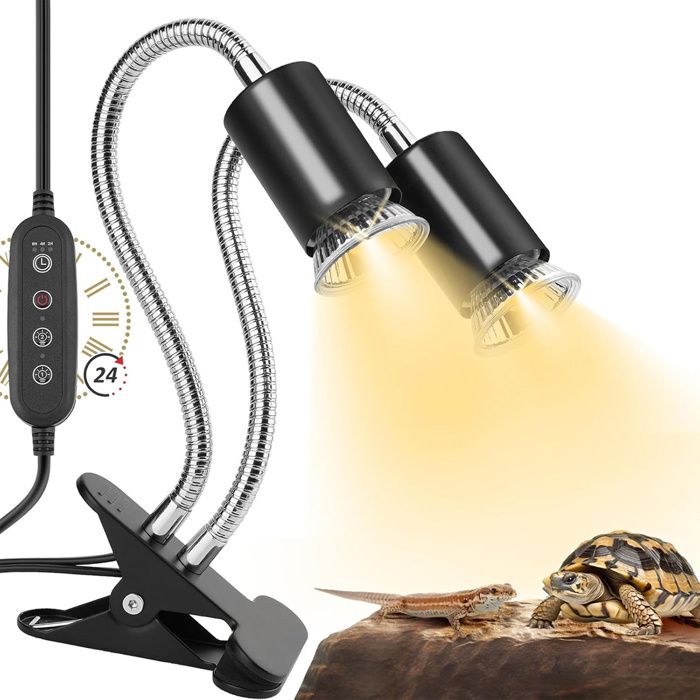 1 Lampe chauffante reptile double tête rotative minuterie 2/4/8h UVA/UVB pince métal culot E26/E27 2 ampoules pour tortue .