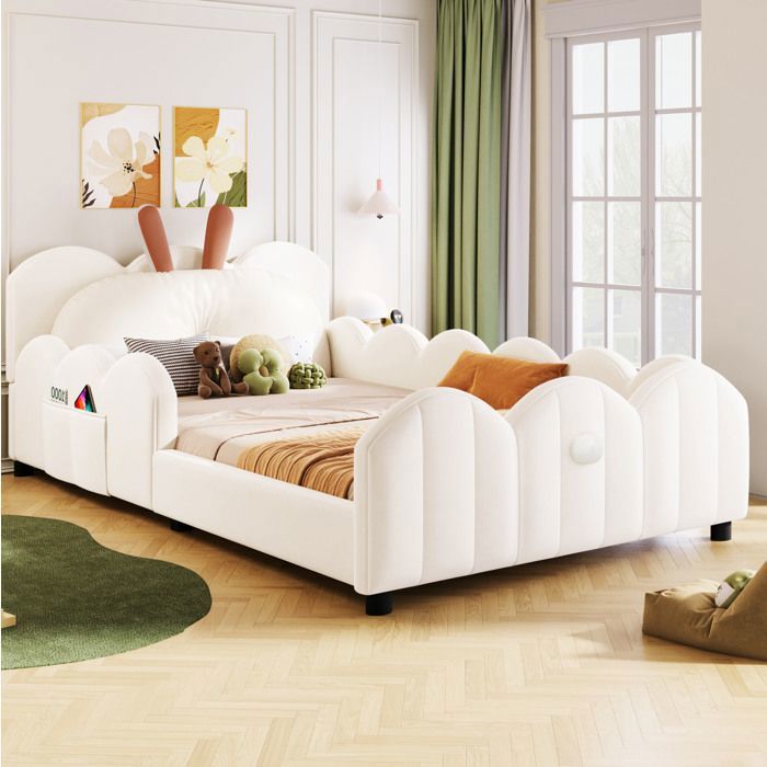 WOVREO Lit enfant plateforme rembourre 90 x 200 cm avec garde-corps coussin oreilles de lapin beige