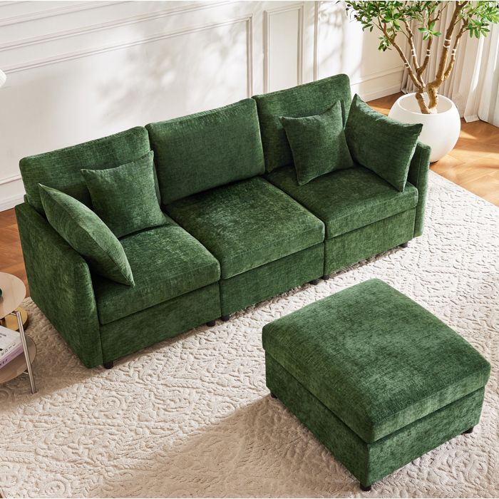 Canape D Angle En Chenille Verte 3-4 Places Sofa Modulable FloraGrace Pour Salon Bureau Avec Pouf Mobile 216x161x81cm