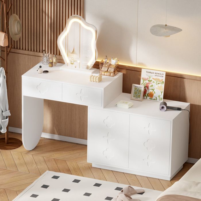 Coiffeuse Avec Miroir LED Blanc Table De Maquillage Moderne FloraGrace Pour Chambre Rangement Ajustable 160x40x132cm