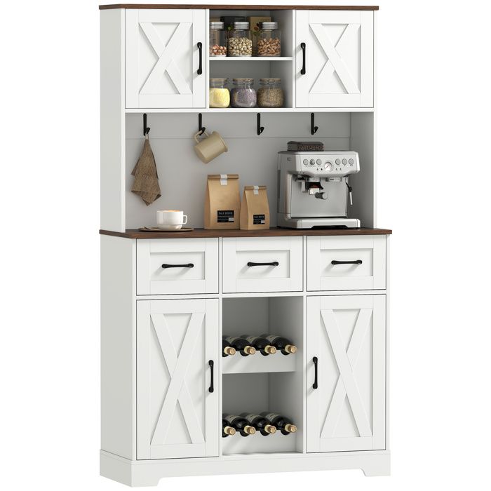 Armoire de cuisine - MINIMAL - Meuble de rangement haut - Porte-bouteilles 8 places - 4 portes 3 tiroirs - Plan de travail blanc