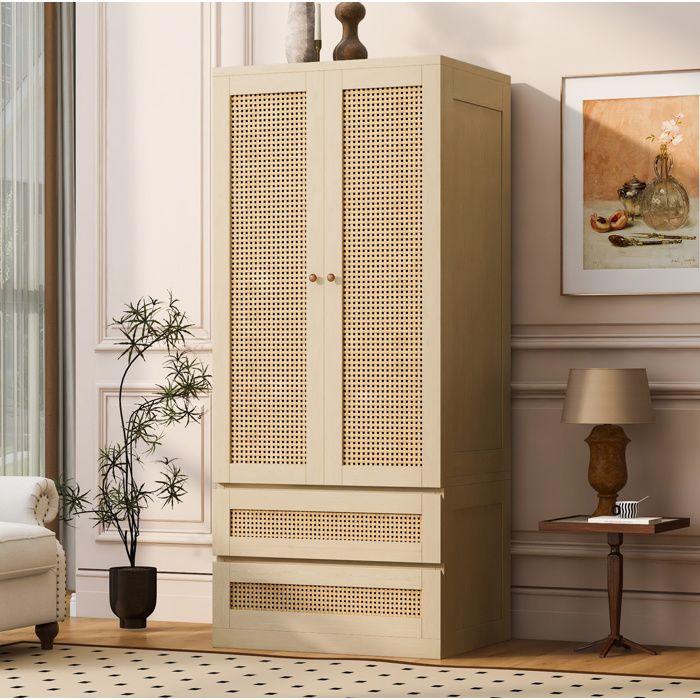 Armoire de Chambre avec 2 Portes et 2 Tiroirs - TCQPZ - Grand Rangement Aspect Rotin - Bois - Bois Clair