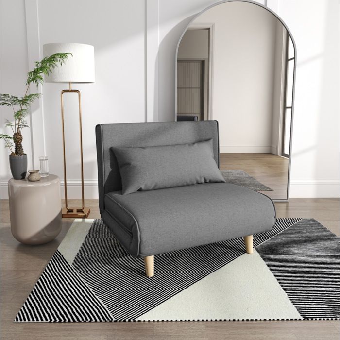 Canapé convertible 1 place avec dossier réglable 6 positions et coussin style scandinave en tissu gris 94 × 190 cm