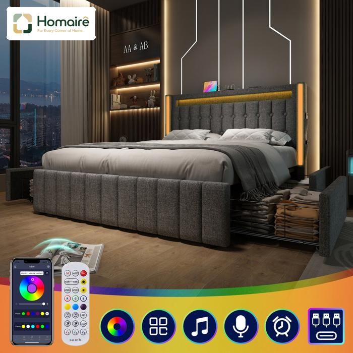Cadre de lit à rangement LED intelligent avec USB Type C 4 tiroirs tapissé HOMAIRE