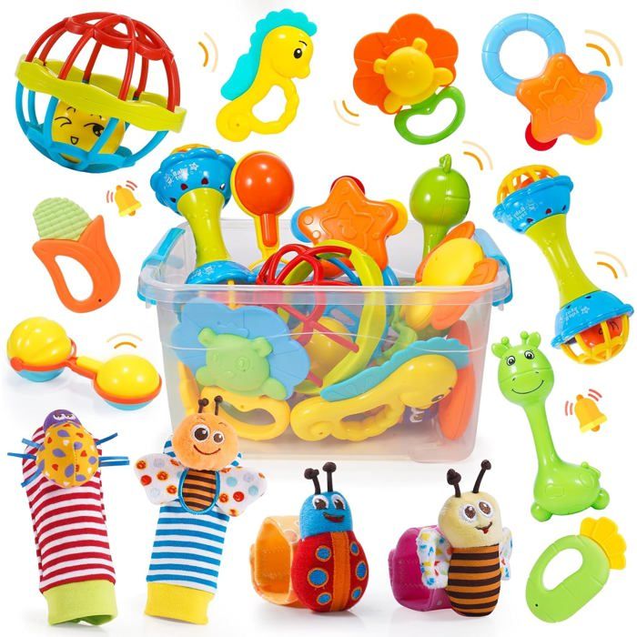 Lot de 14 hochets bébé silicone 0-12 mois - sensoriel et motricité fine - chaussettes avec boîte de rangement