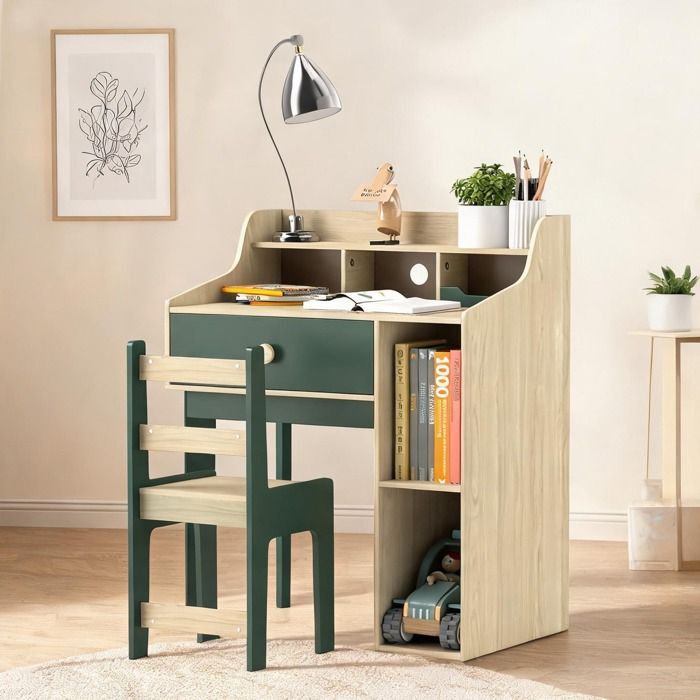 Bureau et chaise enfant 3-10 ans vert MDF avec rangements étagère tiroir