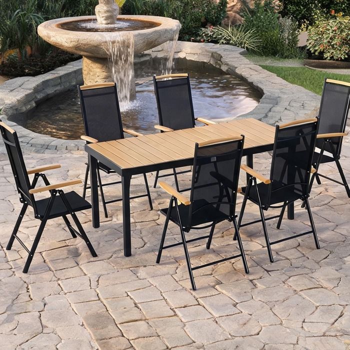 Ensemble repas extérieur aluminium finition bois 6 chaises pliantes et inclinables - Bois naturel Aluminium 190 x 90 x 74 cm Ref