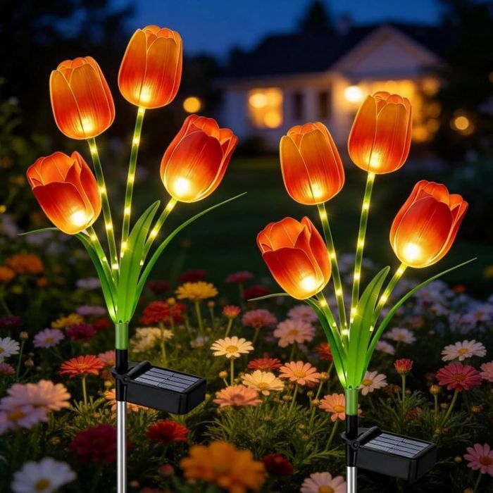Lampe solaire extérieur couleur orange Design tulipe Étanche IP65 Parfaite pour jardinière cour et terrasse