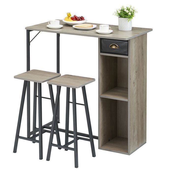 Set Table de Bar 2 Places 91 4x50x90 7cm – 3 Étagères de Rangement Idéal pour Petit Déjeuner/Dîner Gain de Place
