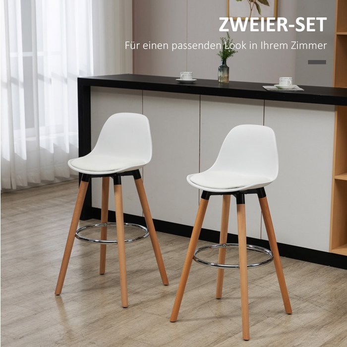 Lot de 2 tabourets de bar AESVAR style scandinave blanc en similicuir avec dossier et repose-pieds