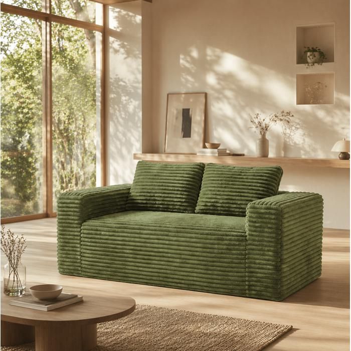 MEULVA Canapé 2 places compressé velours côtelé vert sans montage format compact