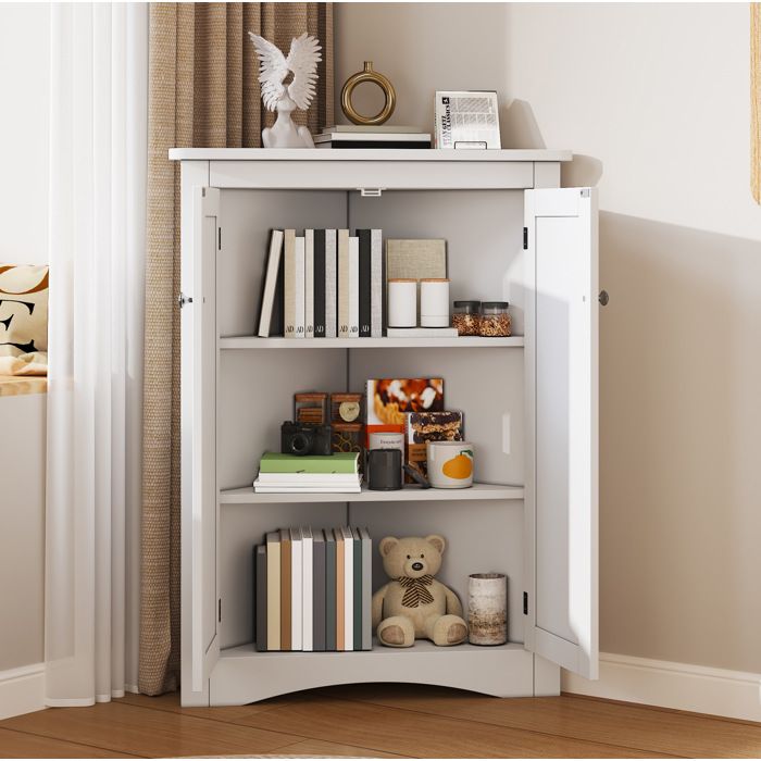 Meuble d’angle salle de bain 2 portes 3 niveaux blanc MDF laqué 61 5 x 34 5 x 80 cm gain de place FOLYNA