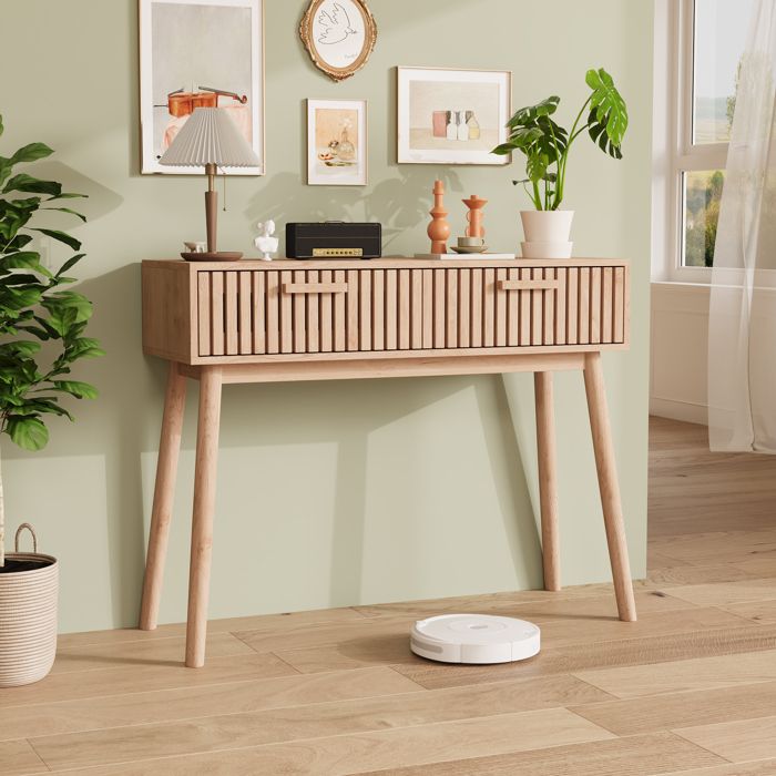Console dentrée aspect bois clair scandinave 2 tiroirs à amortissement façade à lattes cannelées meuble déco rangement hall salon