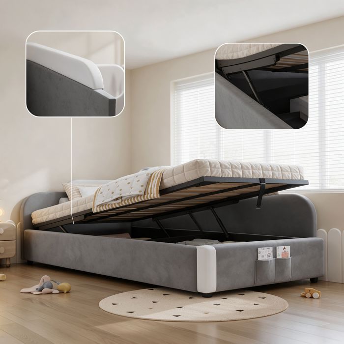 URTR Lit coffre enfant 90x200cm - Rangement hydraulique - Barrière anti‑chute droite - Poche - En Velours - Sommier à lattes - Gris