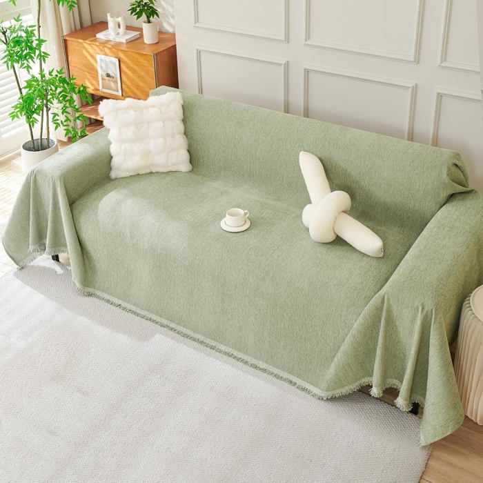 Housse de canapé plaid en chenille vert sauge 180x300 cm douce confortable et résistante aux taches.
