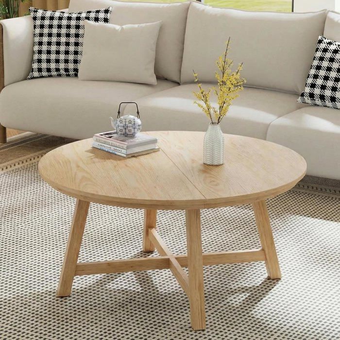 Table Basse Ronde Bois 91 cmCoffee Table Style Industriel Teinte BoisPlateau Aspect BoisPiètement Métal Épais en X