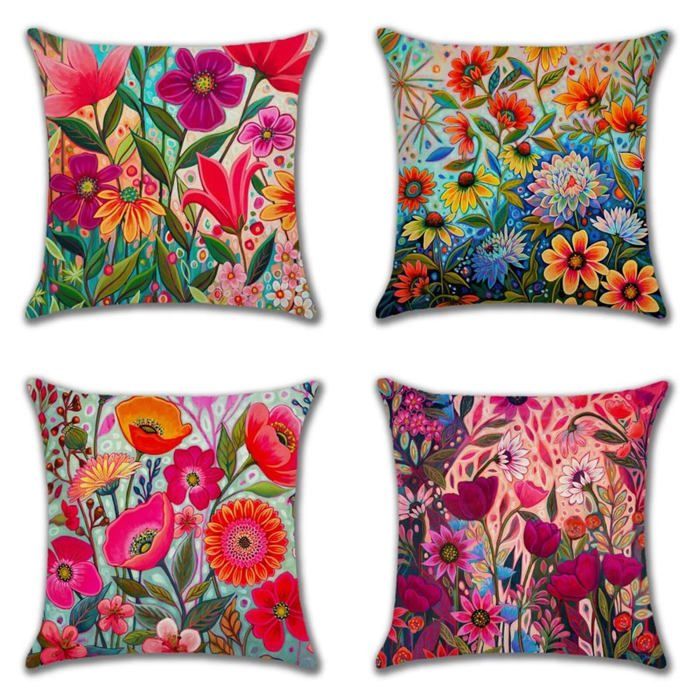 Lot de 4 Hous de Coussin 60x60cm Housse de Coussin Rose Fleur Papillon Coussin Decatif Coussin Canape en 60 x 60 x 60 TAIE OREILLER