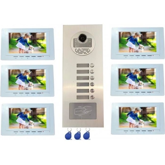 Interphone vidéo couleur pour 6 logements / appartements avec lecteur RFID