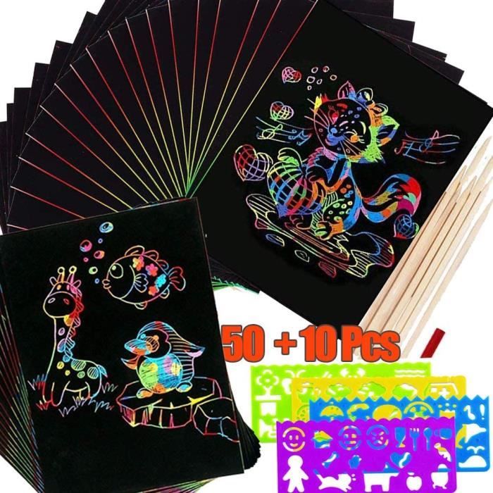 Cartes à Gratter Arc-en-ciel Pour Enfants - 50 Feuilles + 5 Stylos + 4 Pochoirs, Activité Créative
