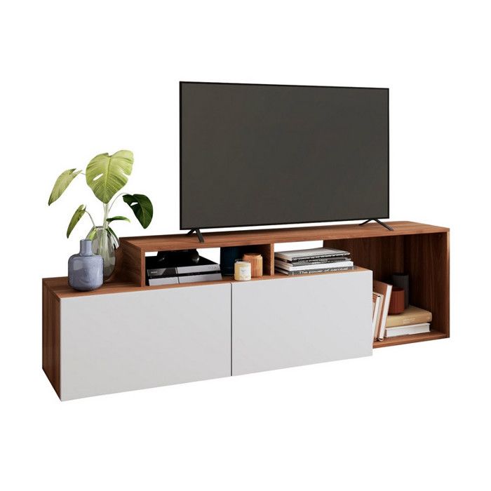 Meuble TV 50 Pouces - ACTUAL DIFFUSION - 2 Abattants - Blanc et Châtaignier - L 164 x H 46.5 cm Meuble TV 50 Pouces - ACTUAL DIFFUSION - 2 Abattants - Blanc et Châtaignier - L 164 x H 46.5 cm