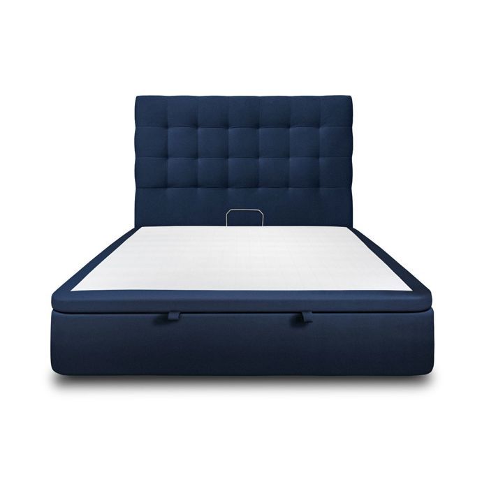 Lit coffre 200x200cm avec tête de lit capitonnée Velours Bleu - Hauteur totale : 39cm - Sommier en bois massif avec Pieds bois 10 cm