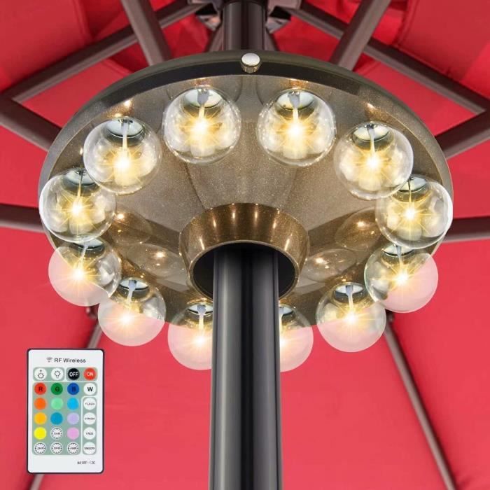 Lumière Pour Parasol HONWELL - 12 Couleurs, Télécommande RF, Piles 3xD, Installation Facile, Pour Jardin/Camping