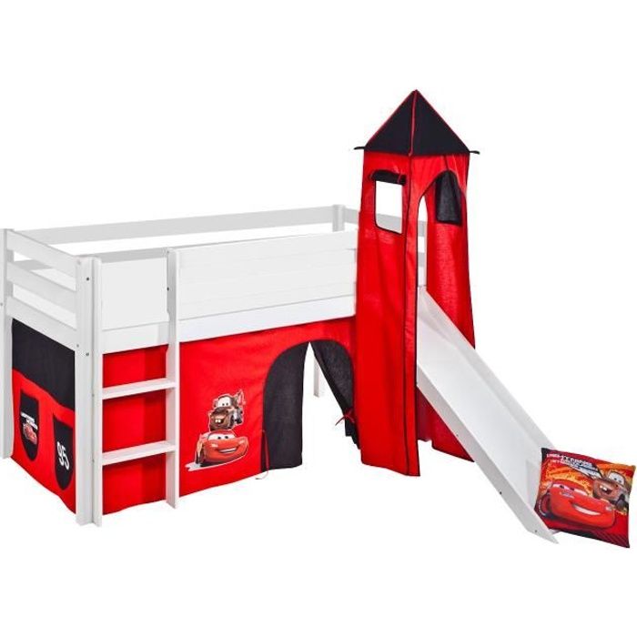 Lit surélevé ludique JELLE Disney Cars - avec rideaux tour et toboggan - LILOKIDS - blanc laqué Lit surélevé ludique JELLE Disney Cars - avec rideaux tour et toboggan - LILOKIDS - blanc laqué