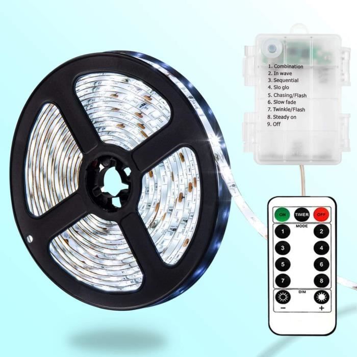 Ruban LED Alimenté par pile, 2m 60 LEDs Bande Batterie avec Télécommande  IR, 8 Modes, Dimmable (Blanc froid, 60 LED),[Z174] - Cdiscount Maison