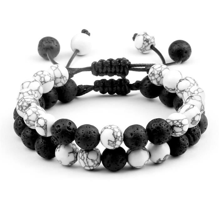 Bracelet Extensible En Pierre De Lave - Perles 9 Mm - Homme/femme - Méditation, Yoga - Marron/blanc/noir