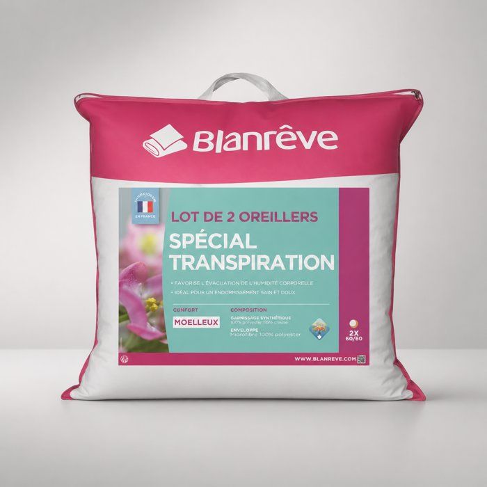 BLANREVE Lot de 2 Oreillers Spécial Transpiration 60 x 60 cm