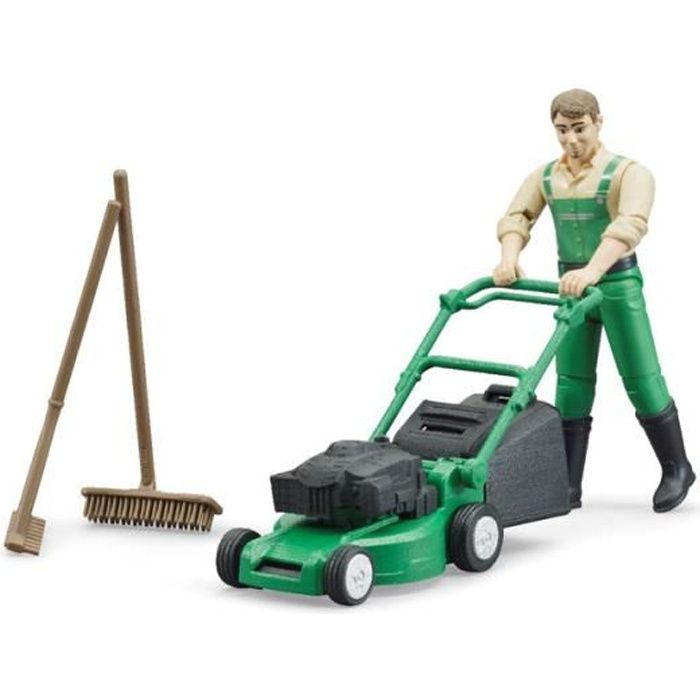 Coffret jardinier jouet avec tondeuse - BRUDER - Jardinier bworld - 4 pièces - Tondeuse à gazon avec panier amovible
