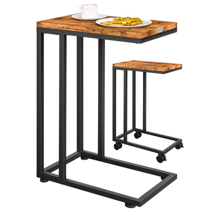 Table dappoint bout de canapé avec roulettes Cadre en métal noir Desserte de lit Support ordinateur portable