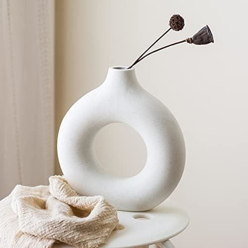 Vase Décoratif En Céramique Beige AUHOU - Forme Donut, Finition Mate, Pour Fleurs Séchées Ou Déco D'intérieur
