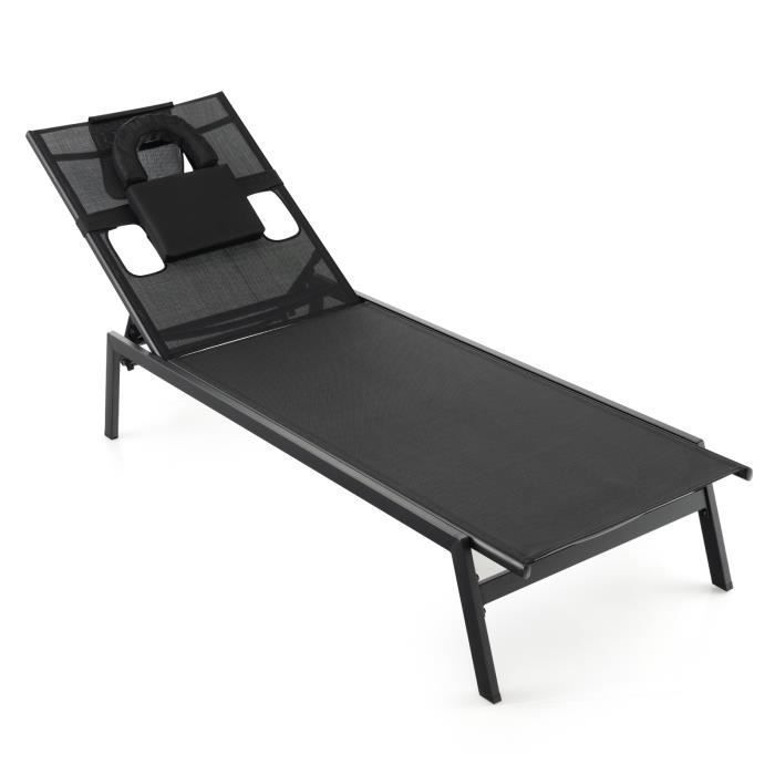 COSTWAY Chaise Longue dExtérieur en Fer avec 1 Face et 2 Trous Latéraux 5 Positions de Dossier Appui-tête Amovible 150 kg