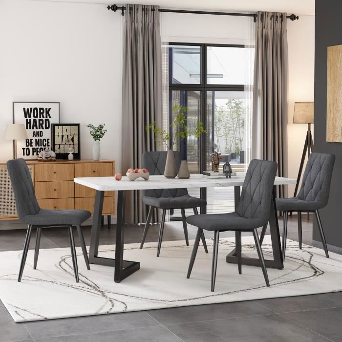 Lot de 4 Chaise de salle à manger Rembourrées Sièges en lin Style Moderne Chaise de cuisine avec dossier pieds en métal Gris foncé