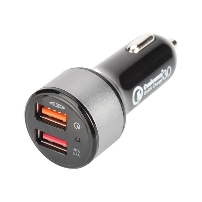 Ednet Adaptateur allume-cigare (voiture) Quick Charge 3.0 2 connecteurs de sortie (USB (alimentation uniquement)) noir