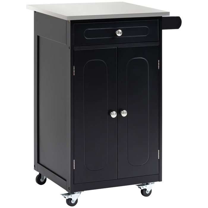 Chariot de service - desserte cuisine à roulettes - HOMCOM - 1 tiroir placard porte-torchons - MDF inox - noir