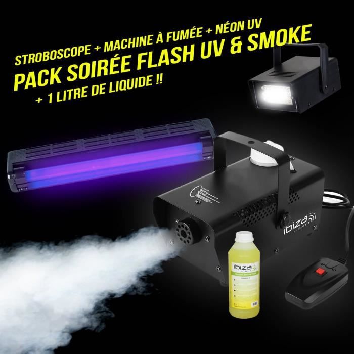 PACK Soirée Machine à fumée 400W + Stroboscope + Réglette lumière noire +  1L liquide fumée - Cdiscount TV Son Photo