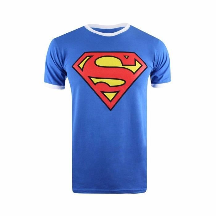 DC Comics T-Shirt Super Héros à Manches Courtes Pour Homme Style Ringer Motif Imprimé Logo Classique Superman - Bleu & Blanc