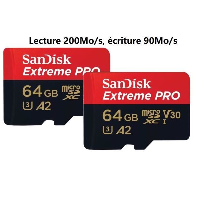 Lot de 2 Micro SD SanDisk Extreme Pro Carte Mémoire microSDXC 64Go