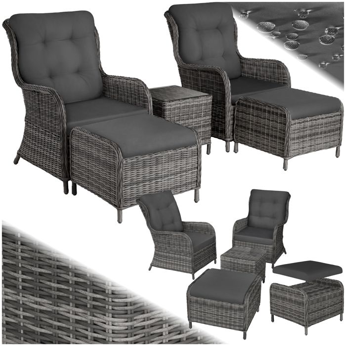 Salon de jardin - TECTAKE - Ensemble de fauteuils bain de soleil BENISSA amovibles pour 2 à 4 personnes avec table - Gris tâcheté