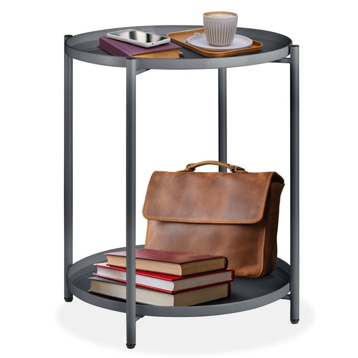 Table basse - TECTAKE - Table dappoint ronde OXFORD avec 2 étages en acier avec pieds en plastique Ø 455 x 53 cm - Gris foncé