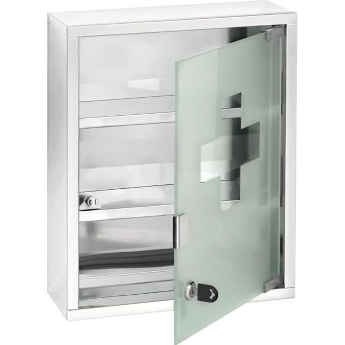 armoire à pharmacie - wenko - acier inoxydable - 30 x 40 cm - 3 étages - porte verrouillable