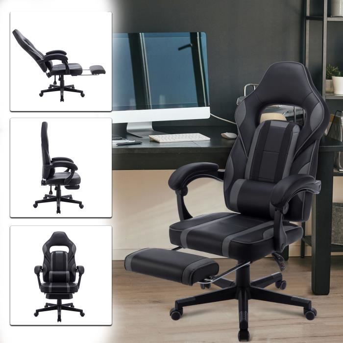 Chaise De Jeu Massante Avec LED - Inclinaison 90°-150°, Repose-pieds Rétractable - Cuir Synthétique, Capacité 180kg - Noir