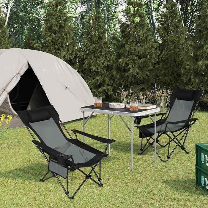 WOLTU Chaise Camping Pliante Avec Repose-Pied Et Appui-Tête - Fauteuil Pêche Plage Gris - Sac Transport Inclus